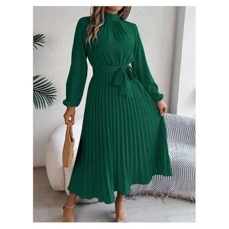 Autumn & Winter Pleated Stand-Up Collar Midi Dress