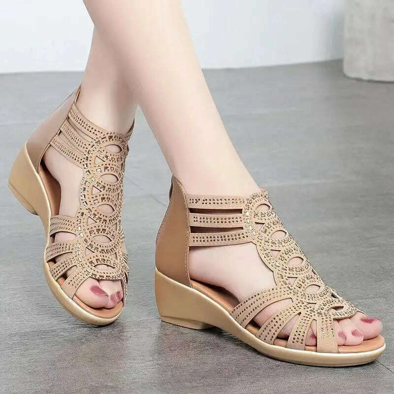 Soft Leather Roman Sandals - Chunky Heel Wedge Shoes
