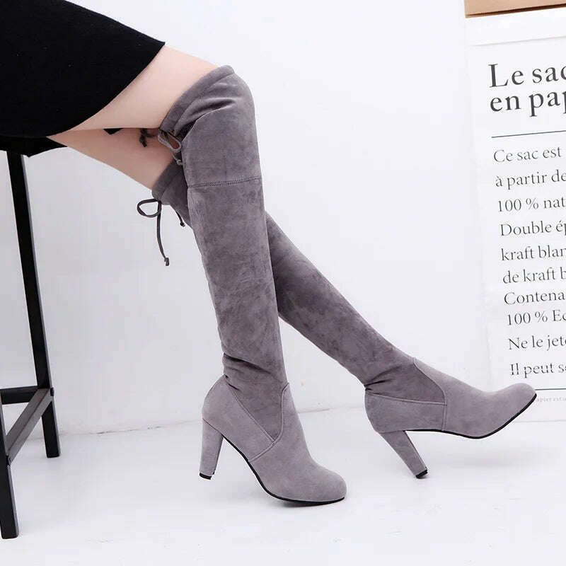 LINLING Faux Suede Over-the-Knee Lace-Up Boots