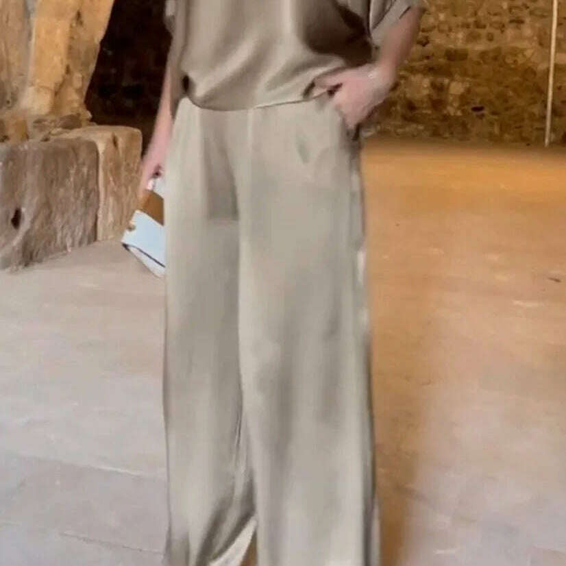 Elegant Women's Summer Satin V-neck Top & High-Waisted Pants Set