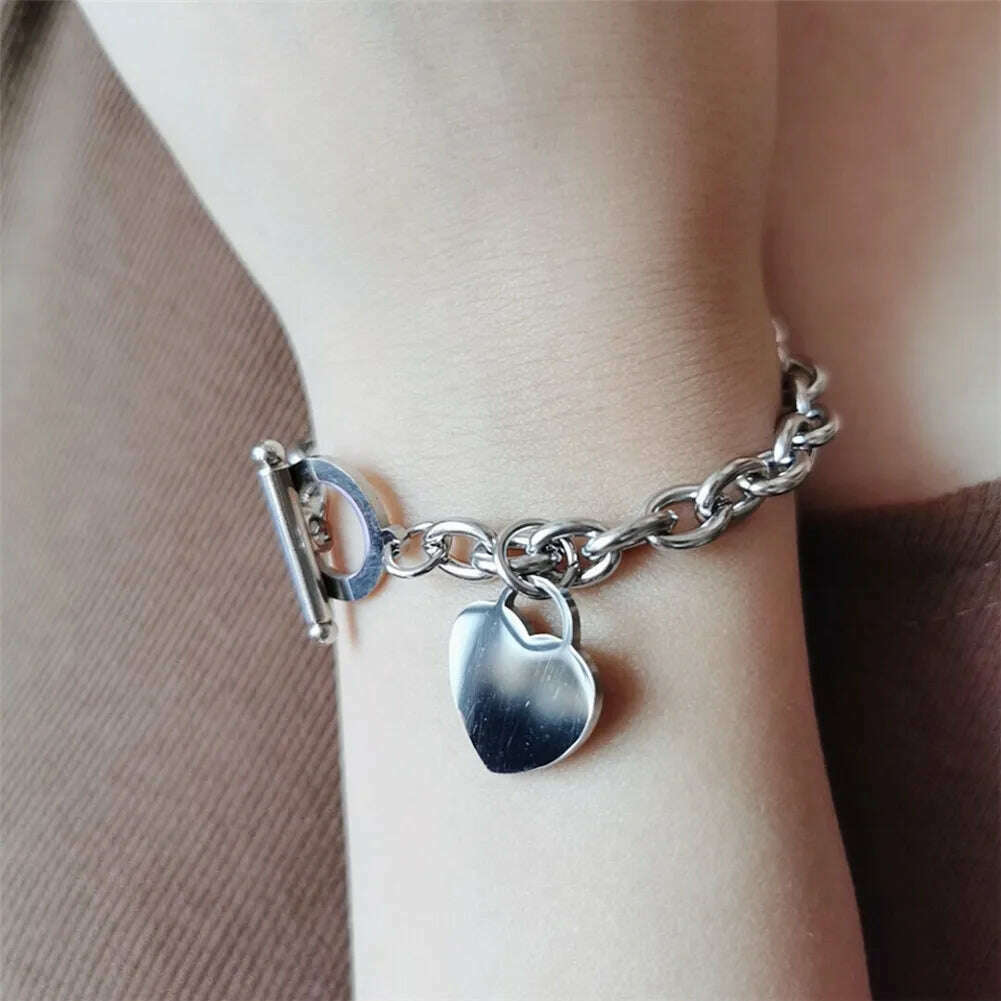 Classic Stainless Steel Toggle Bracelets Thick Chain Love Heart Charm Bracelet For Women Girls New Bracelets Trendy Jewelry