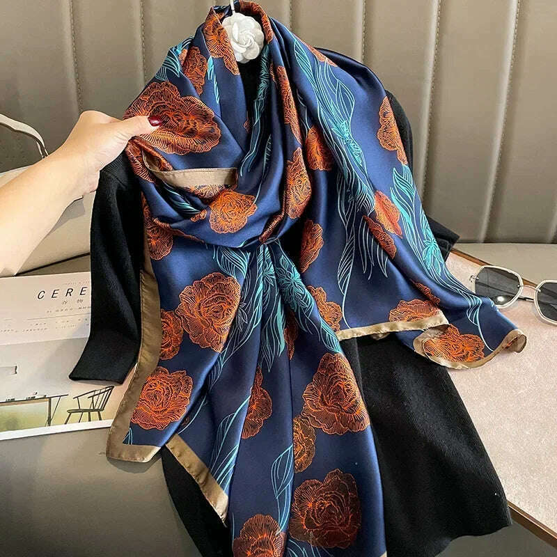 2023 Autumn Winter New Imitated Silk Scarf Women 180*90cm Outdoor Large Size Soft Silky Scarf Beach Long Luxury Scarf Lady Hijab