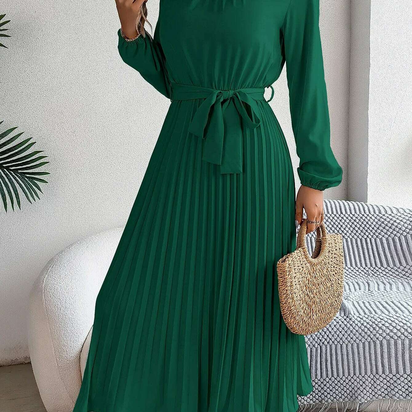 Autumn & Winter Pleated Stand-Up Collar Midi Dress