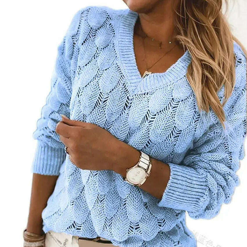 Fashion Women's V-Neck Pullover: Hollow Out, Casual Sweater Top - D&M Boutique