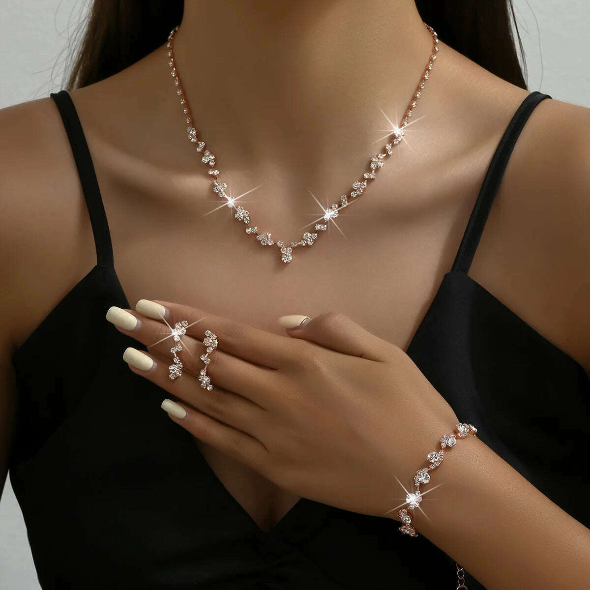 TREAZY Rose Gold Rhinestone Wedding Jewelry Set
