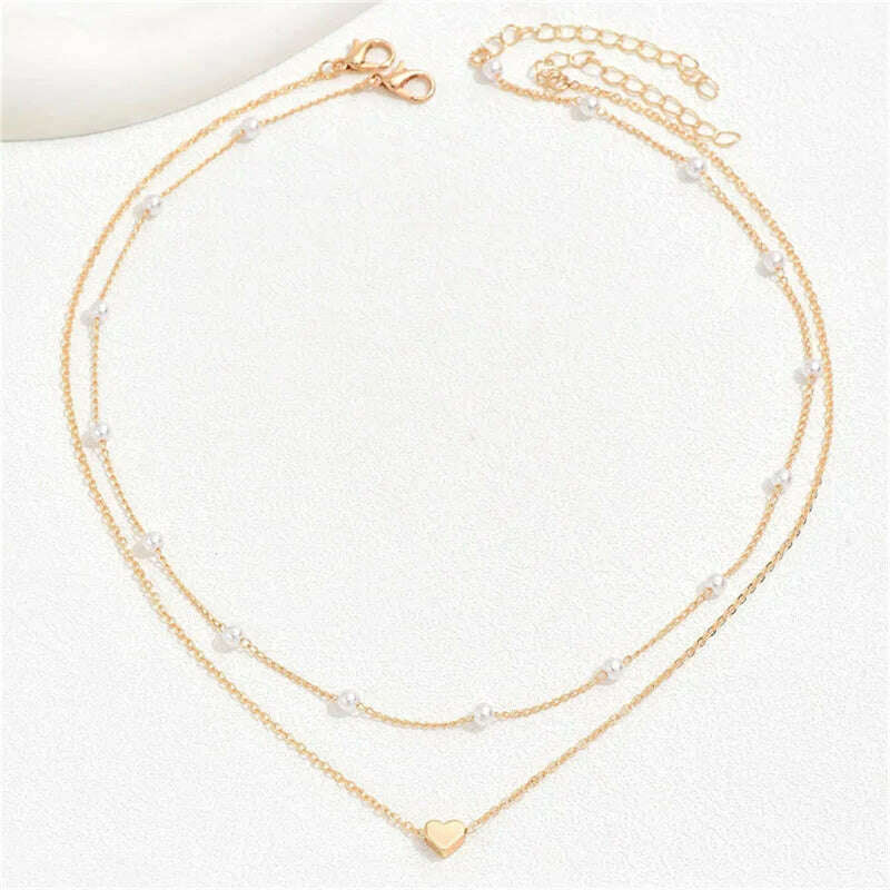 Simple Pearl Choker Necklaces for Women Fashion Double Layer Chain Small Love Heart Pendant Necklace Jewelry Gift Wholesale