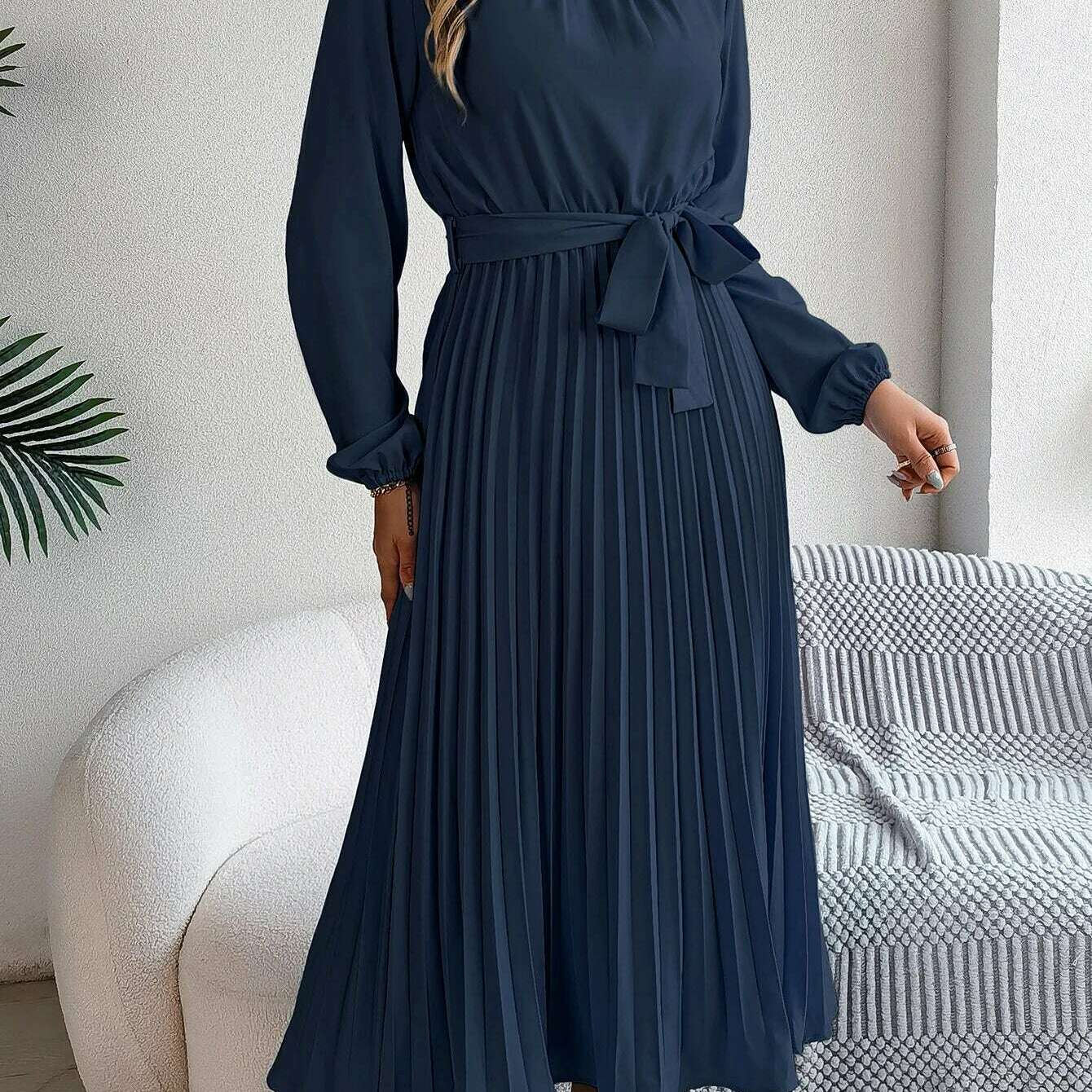 Autumn & Winter Pleated Stand-Up Collar Midi Dress