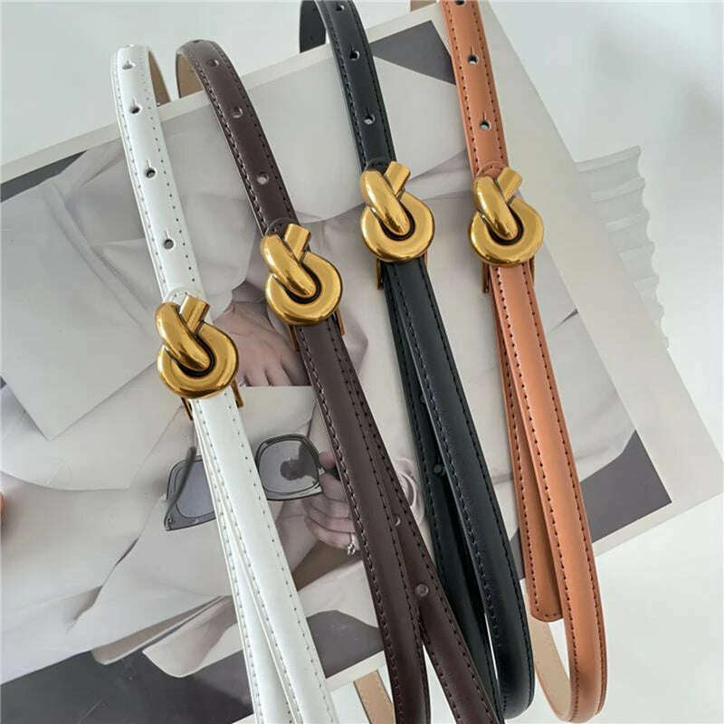 Adjustable Thin Genuine Leather Belt with Metal Knot Buckle