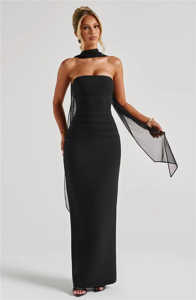 Mozision Scarf Collar Strapless Sexy Maxi Dress For Women Fashion Off-shoulder Backless Bodycon Club Party Long Dress Elegant