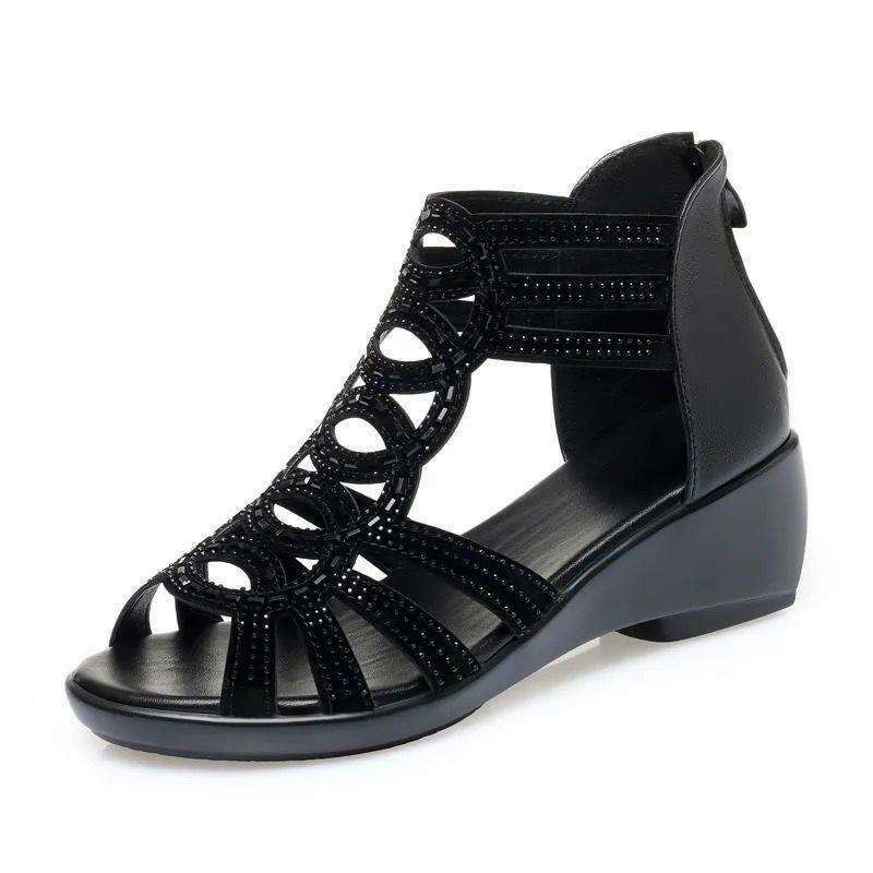 Soft Leather Roman Sandals - Chunky Heel Wedge Shoes
