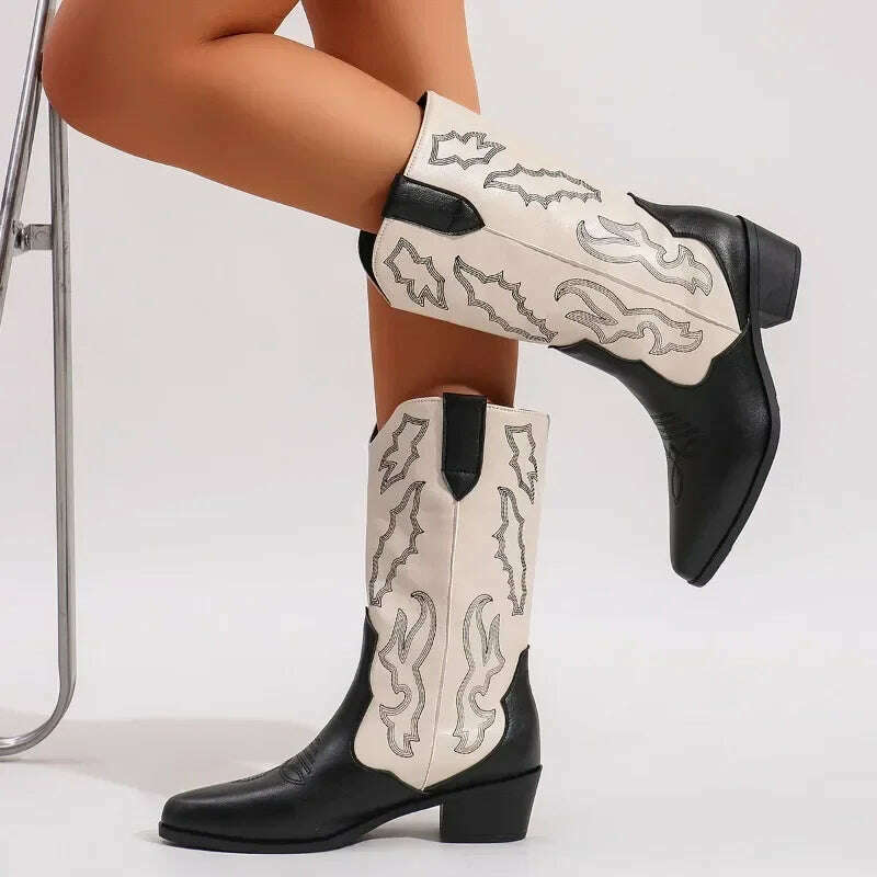 Women's Embroidered Slip-On Mid-Calf Boots
