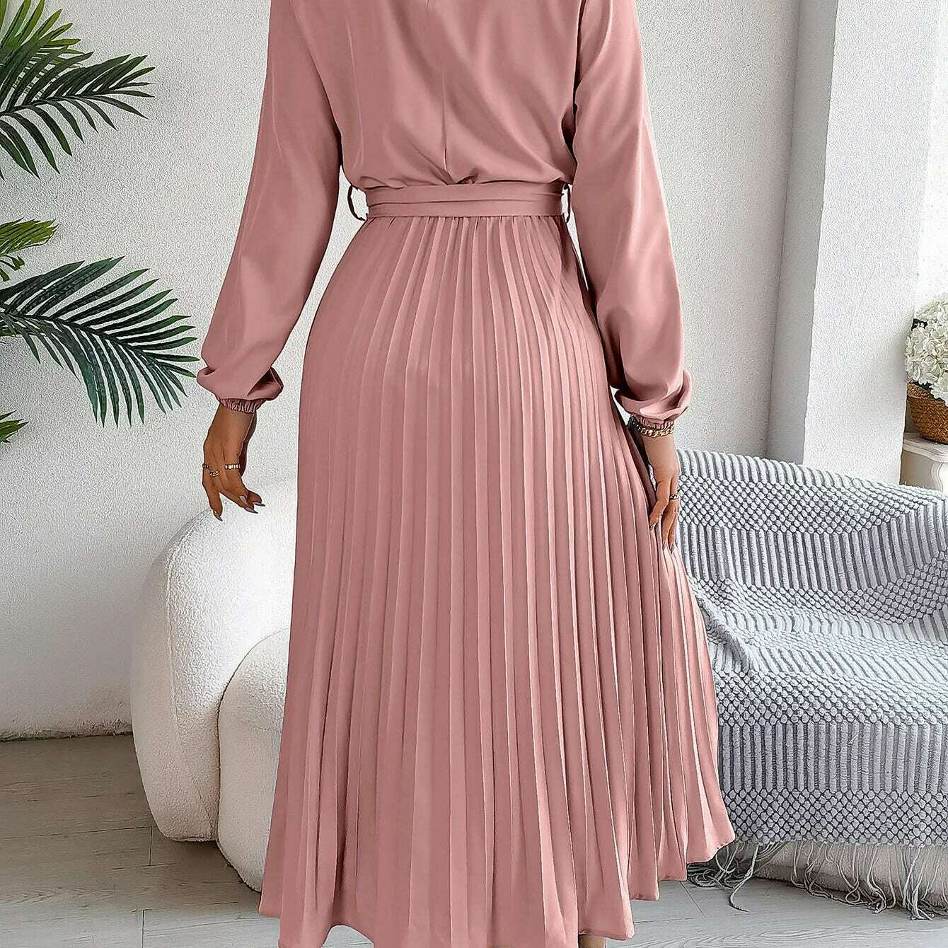 Autumn & Winter Pleated Stand-Up Collar Midi Dress