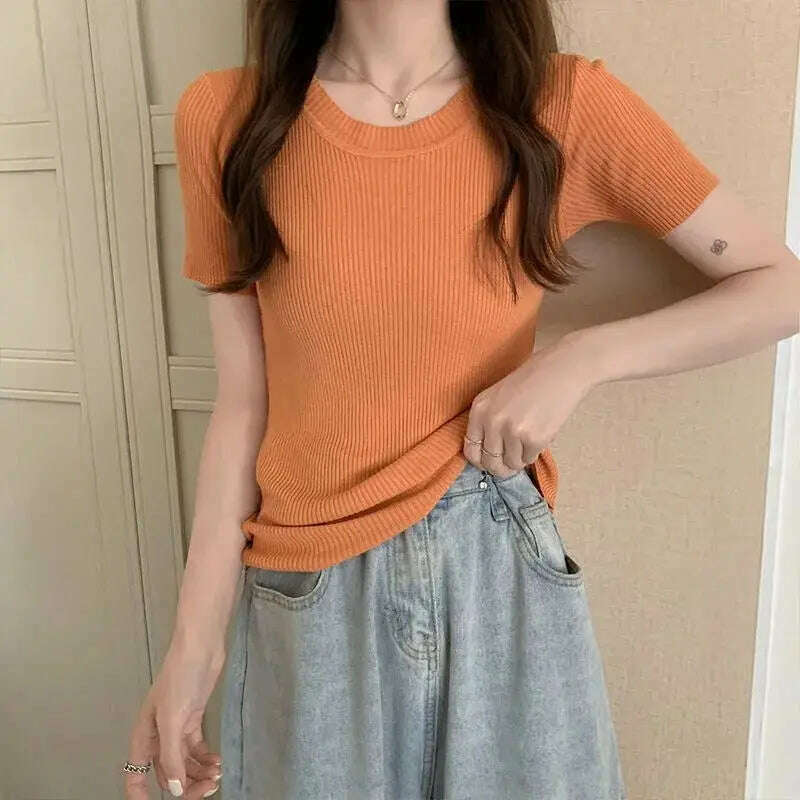 Knit Slim Short Sleeve T-Shirt: White/Green Crop Top - D&M Boutique