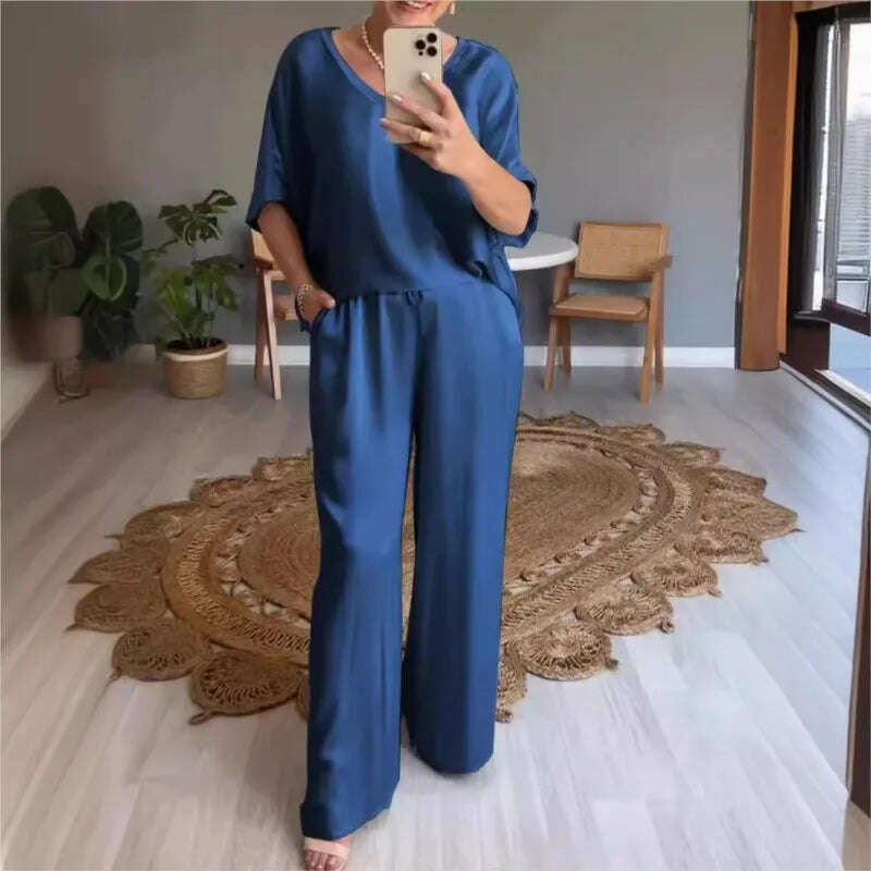 Elegant Women's Summer Satin V-neck Top & High-Waisted Pants Set