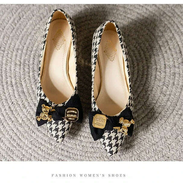 2024 Slip-On Flats - Pointed Toe, Houndstooth & Butterfly Knot