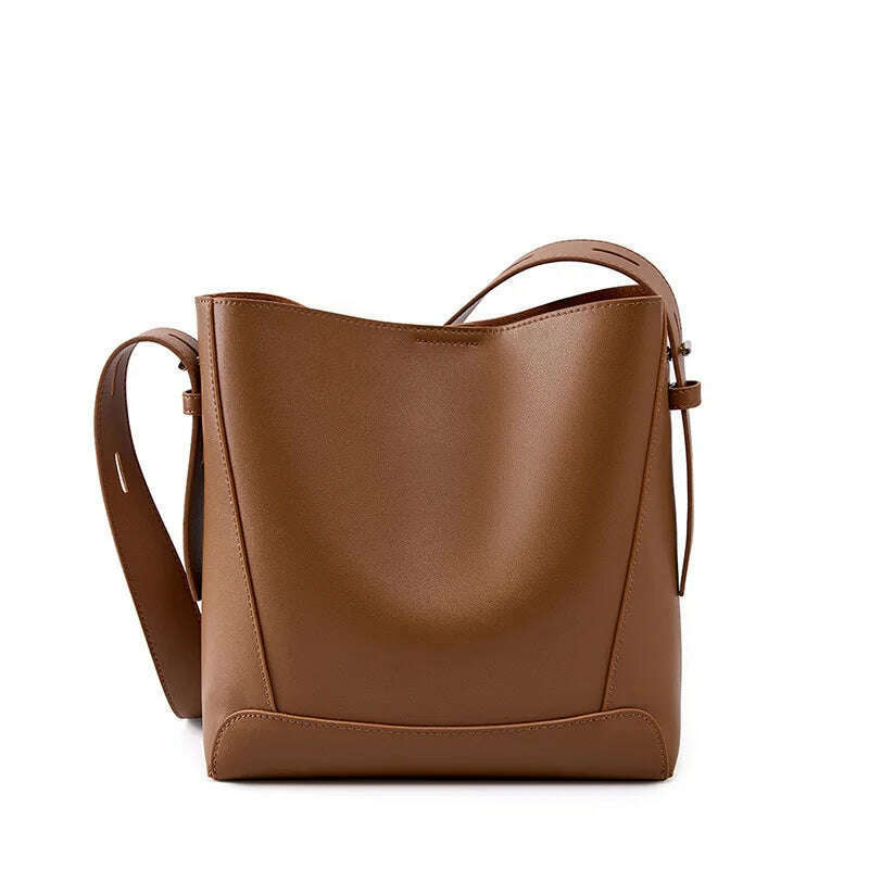 Minimalist Brown Leather Bucket Bag - Sleek and Structured
