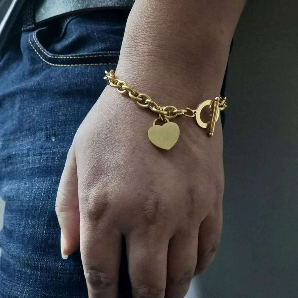Classic Stainless Steel Toggle Bracelets Thick Chain Love Heart Charm Bracelet For Women Girls New Bracelets Trendy Jewelry