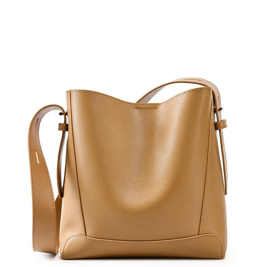 Minimalist Brown Leather Bucket Bag - Sleek and Structured