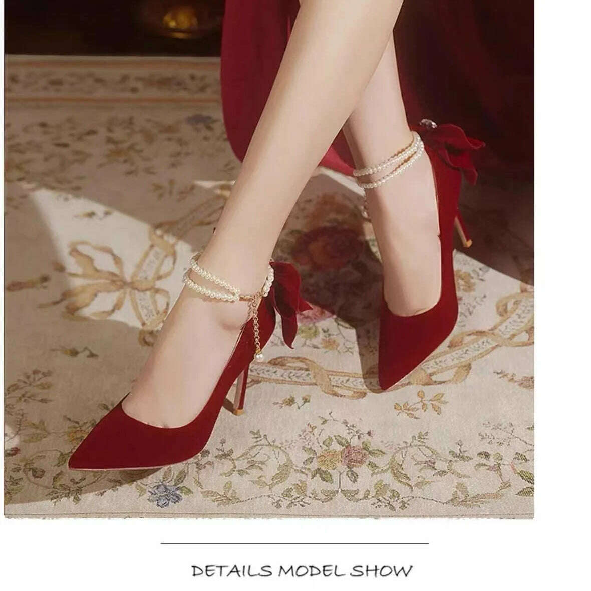 Red Xiuhe wedding shoes new pointy stiletto high heels female shallow mouth bow pearl one word buckle strap two wear bride shoes