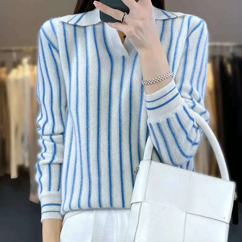 Merino Wool Sweater: Striped, Polo Neck, Autumn/Winter - D&M Boutique