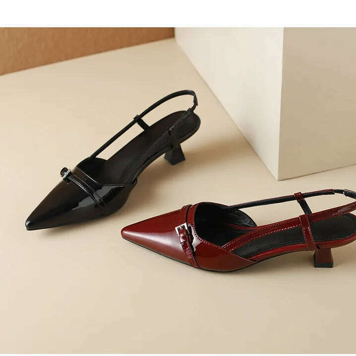 Patent Leather Pointed Toe Slingback Mid-Heel Sandal