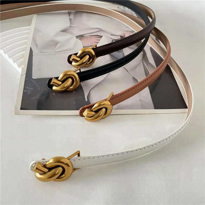 Adjustable Thin Genuine Leather Belt with Metal Knot Buckle