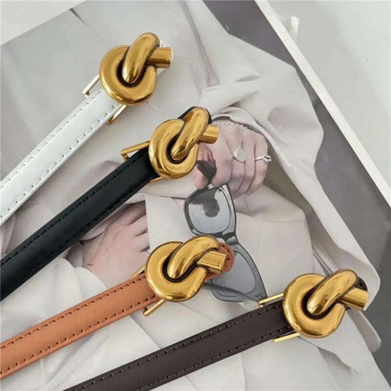 Adjustable Thin Genuine Leather Belt with Metal Knot Buckle