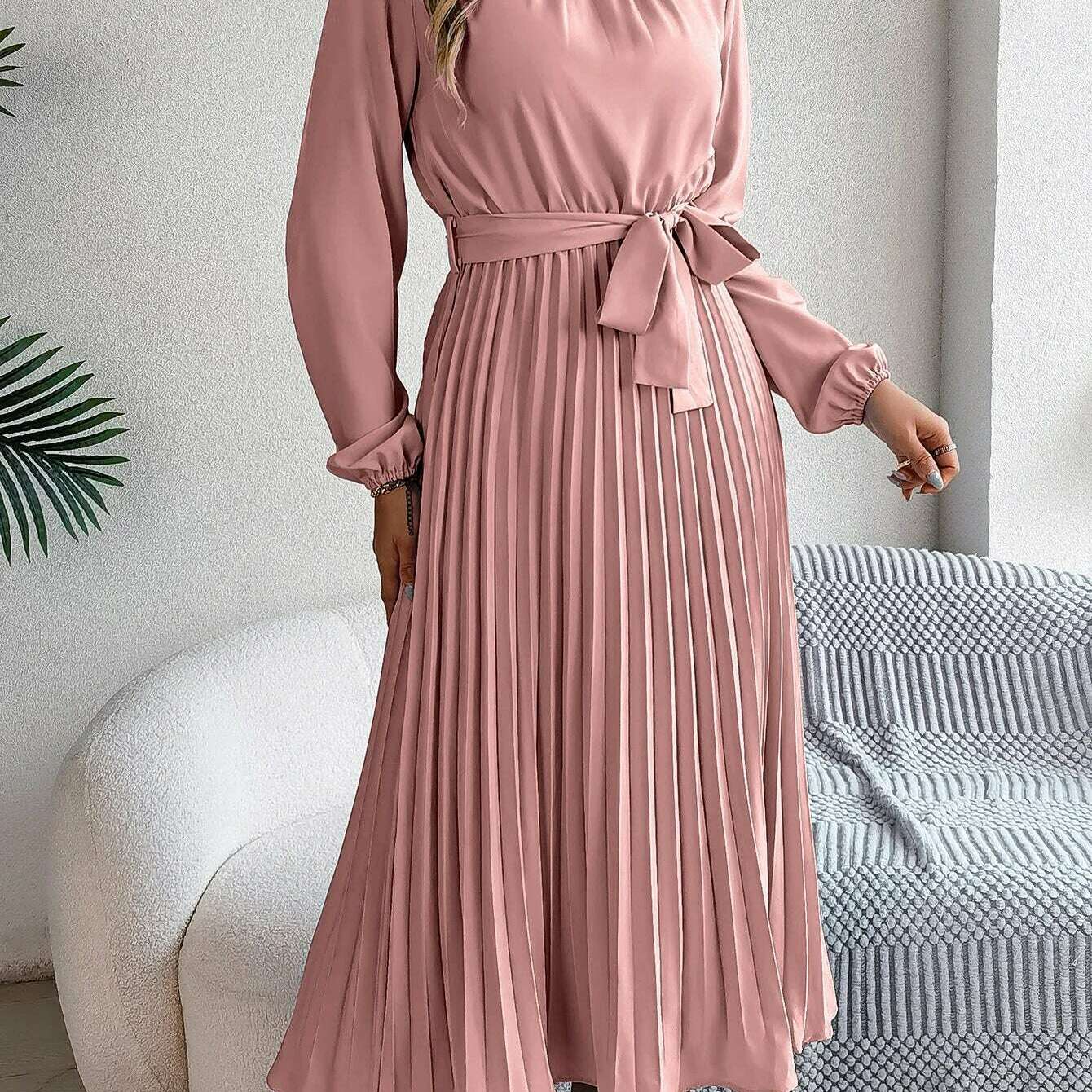 Autumn & Winter Pleated Stand-Up Collar Midi Dress