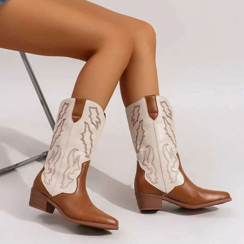 Women's Embroidered Slip-On Mid-Calf Boots