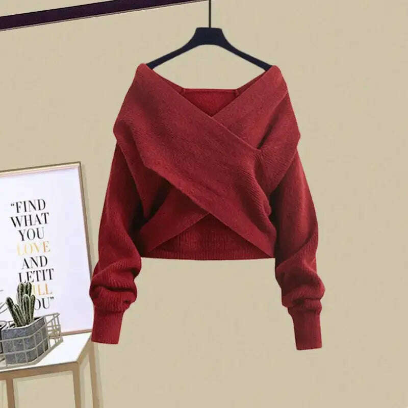 Fall Winter Women’s Knitted Sweater & Pleated Skirt Set - D&M Boutique
