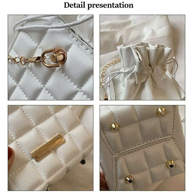 Trendy Checker Drawstring Crossbody Bag with Chain Strap