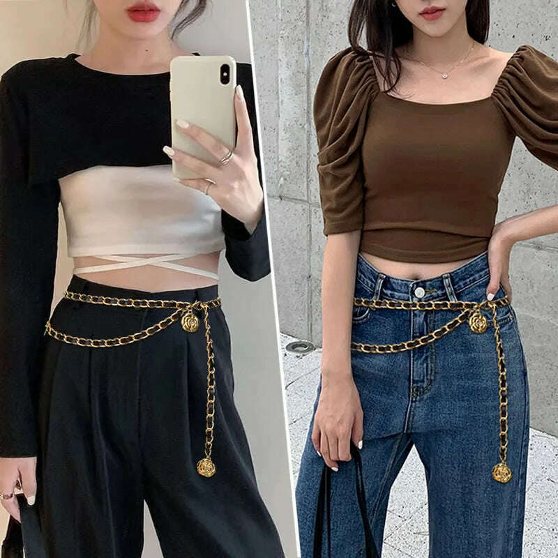 Fashion Metal Chain Belt for Women with Flower Pendant