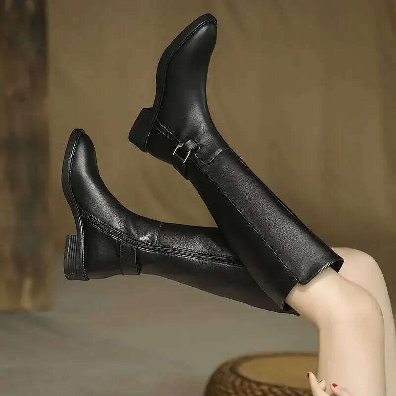 2024 maogu Women's Leather Knee High Boots – Low Heel