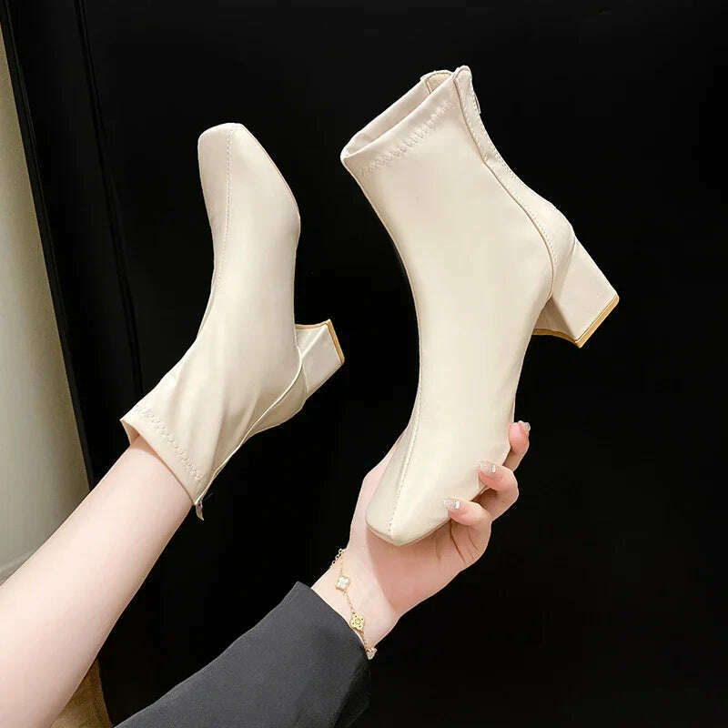 Casual Women's Thick Heel Medium Heel Boots Women's 2024 New Winter Square Toe Back Zipper Heightening Short Boots