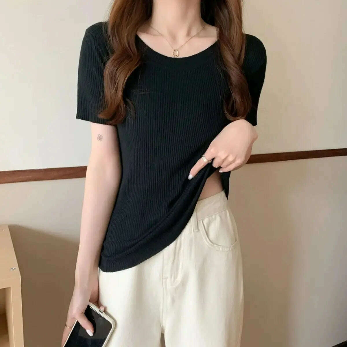 Knit Slim Short Sleeve T-Shirt: White/Green Crop Top - D&M Boutique
