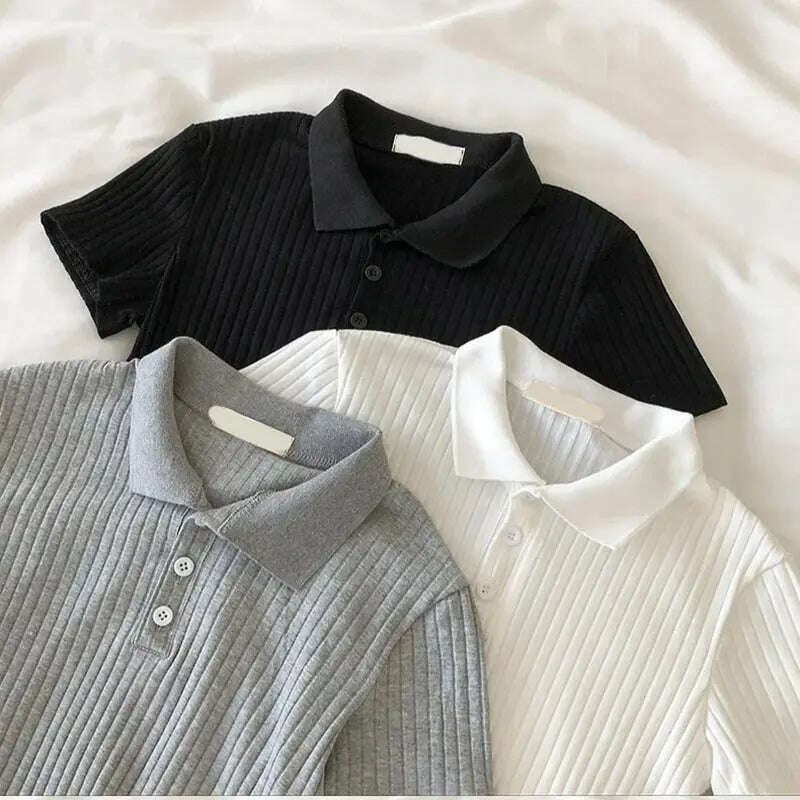Y2K Korean Summer Shirt: Lapel, Short Sleeve, Slim Crop Top - D&M Boutique
