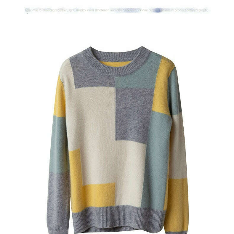 Autumn/Winter Wool Sweater – Round Neck, Color-Block, All-Match Top - D&M Boutique