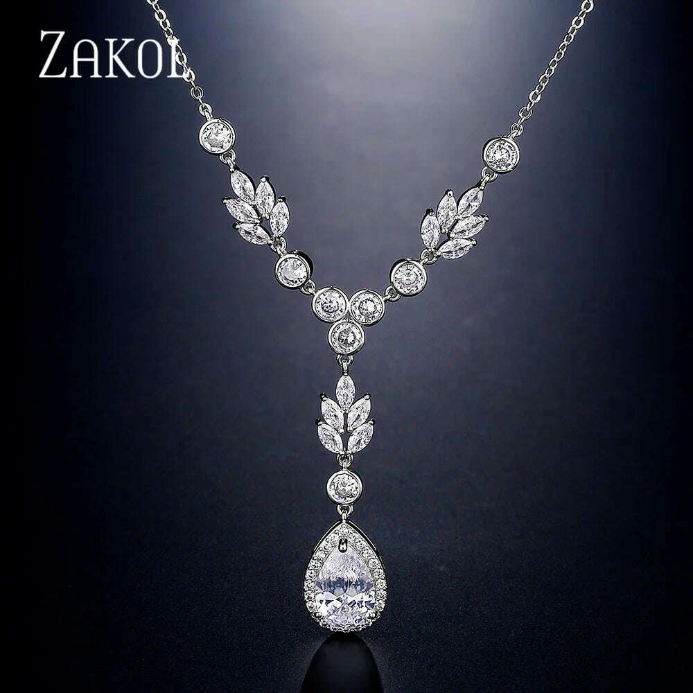 ZAKOL Luxury Exquisite Marquise Cut Cubic Zircon Leaf Necklaces For Women Fashion Bridal Wedding Party Jewelry Accessories
