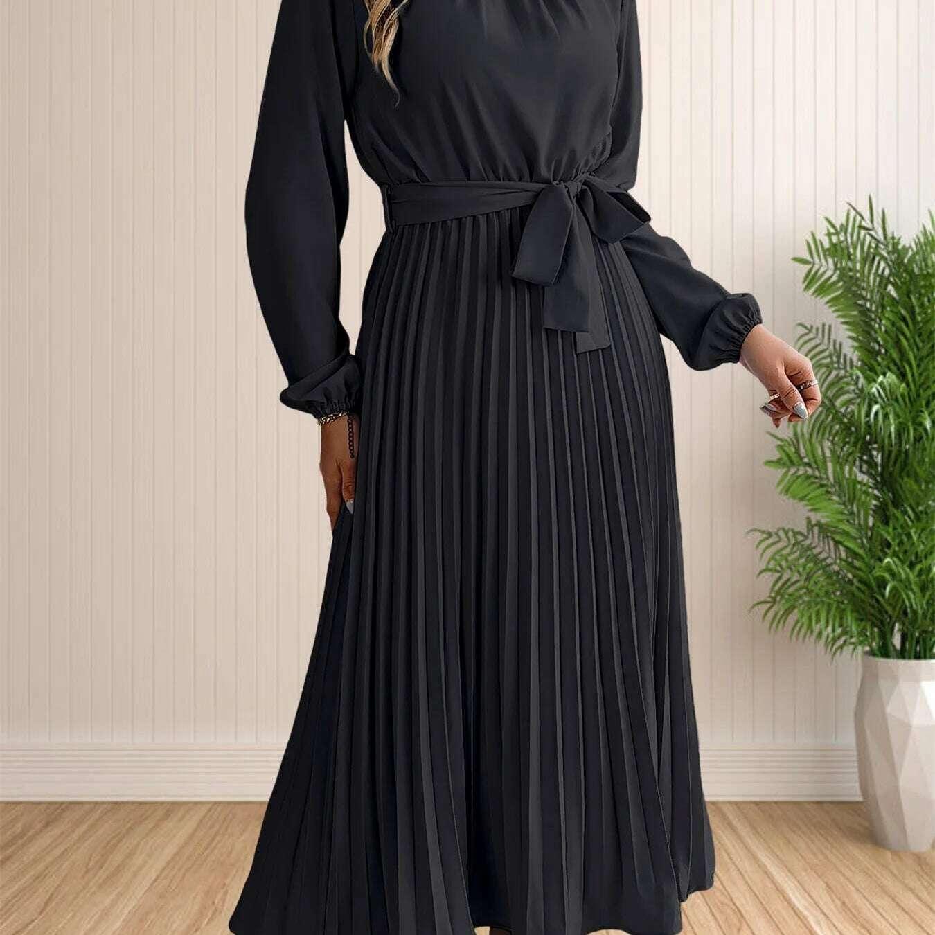 Elegant Pleated Lace-Up Long Sleeve A-Line Sundress
