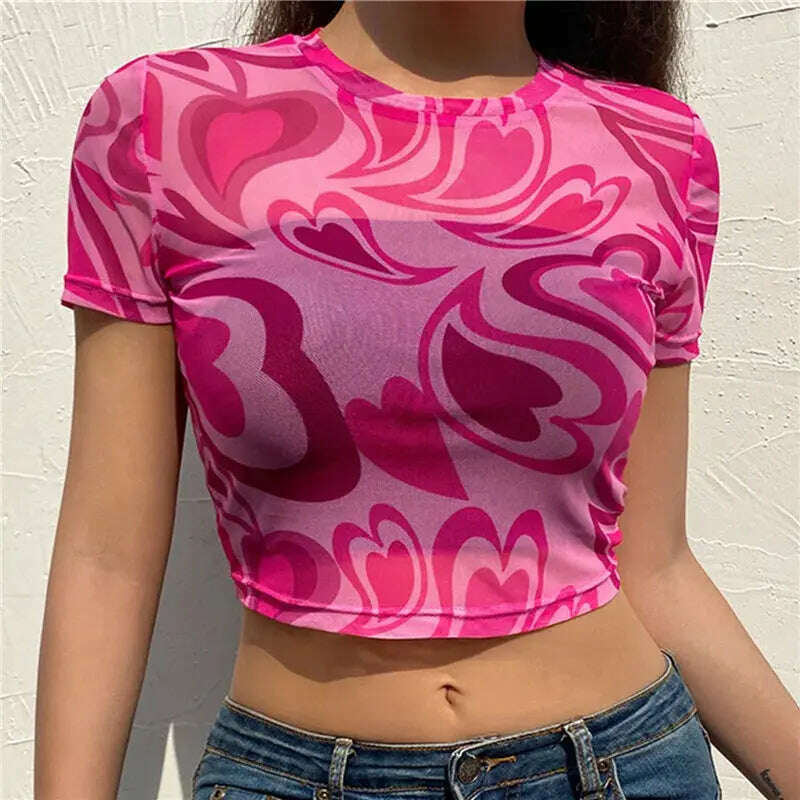 Pink Heart Mesh T-Shirt: Summer Kawaii Crop Top