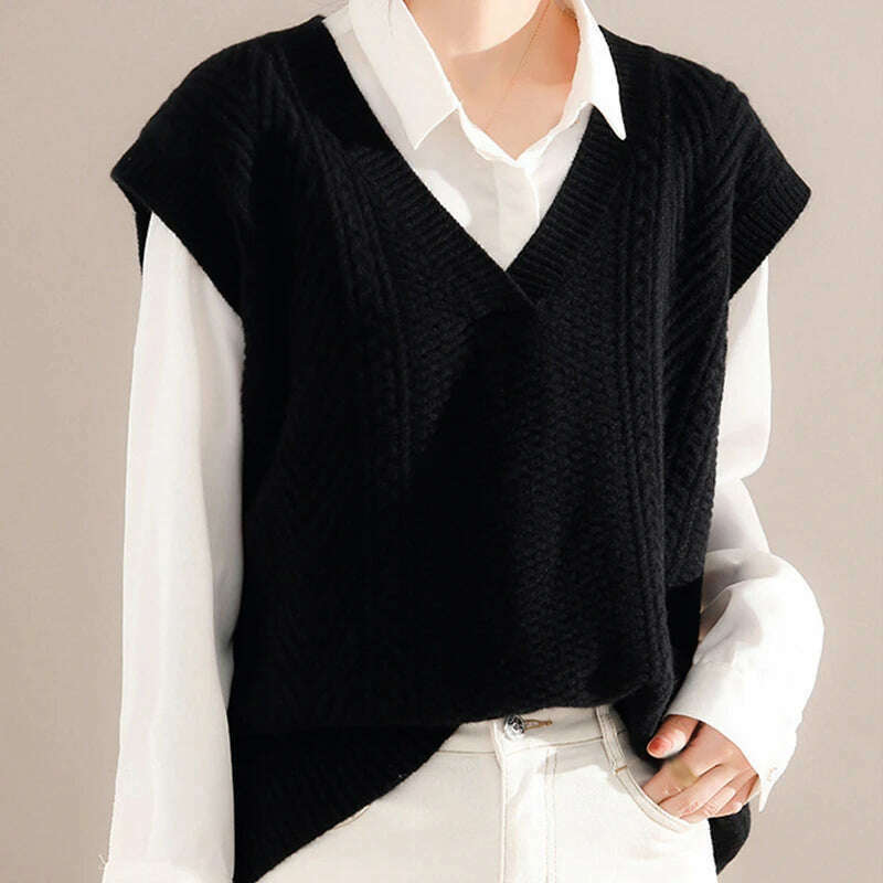 Korean Knitted Sweater Vest – V-Neck, Sleeveless, Loose Pullover - D&M Boutique