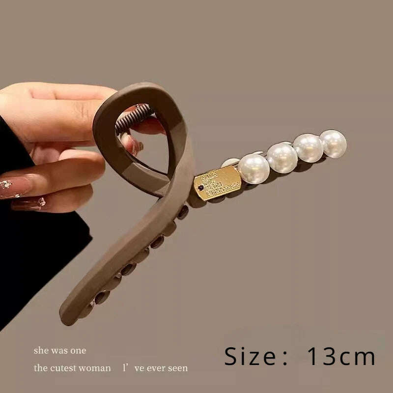 13cm Black Frosted Shark Hair Claw Clip with Pearl Detail