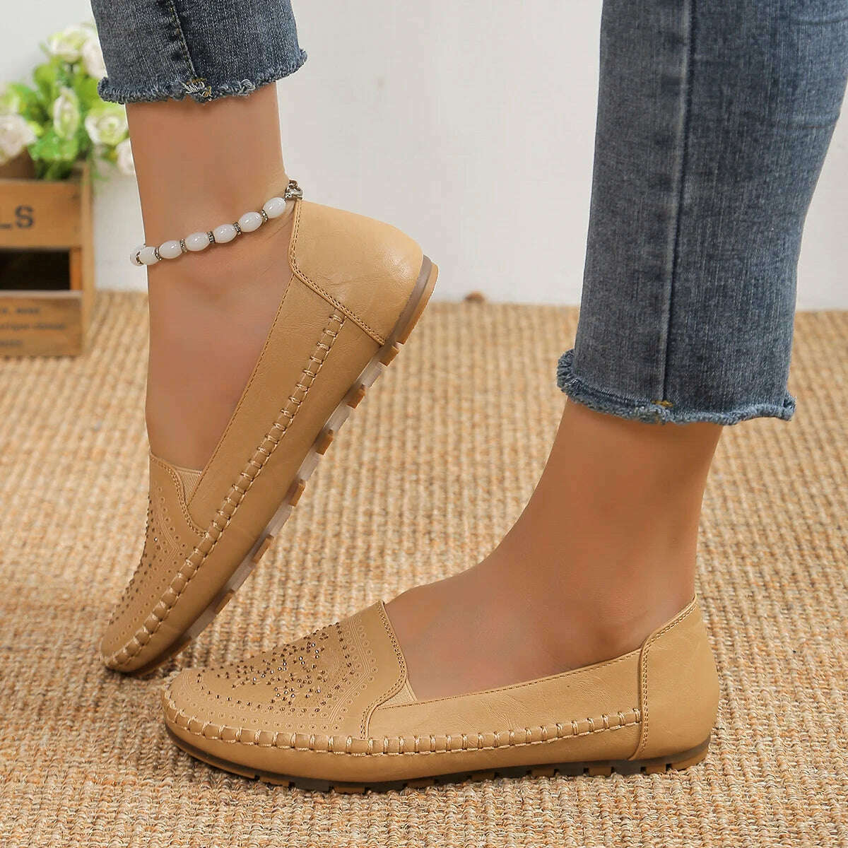 Elegant Crystal Ballerina Flats - Soft Leather Slip-On Mules