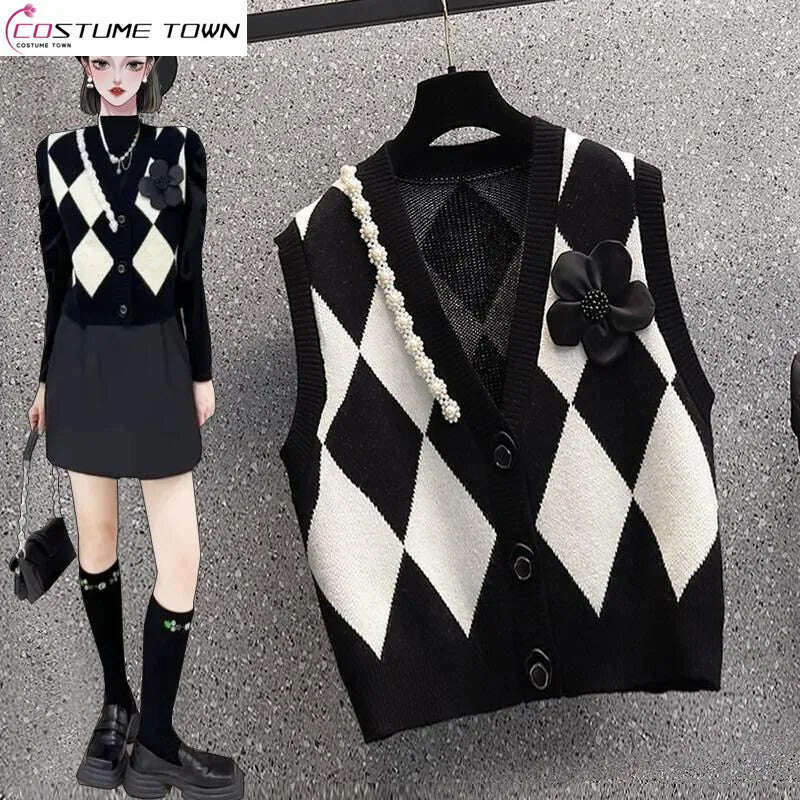 2024 Beaded V-Neck Diamond Plaid Cardigan Vest for Women - D&M Boutique