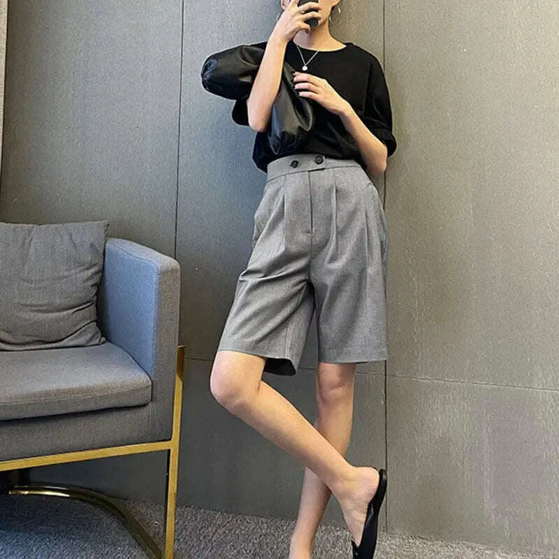 Korean Office Suits Shorts – High Waist, Double-Button, Knee-Length
