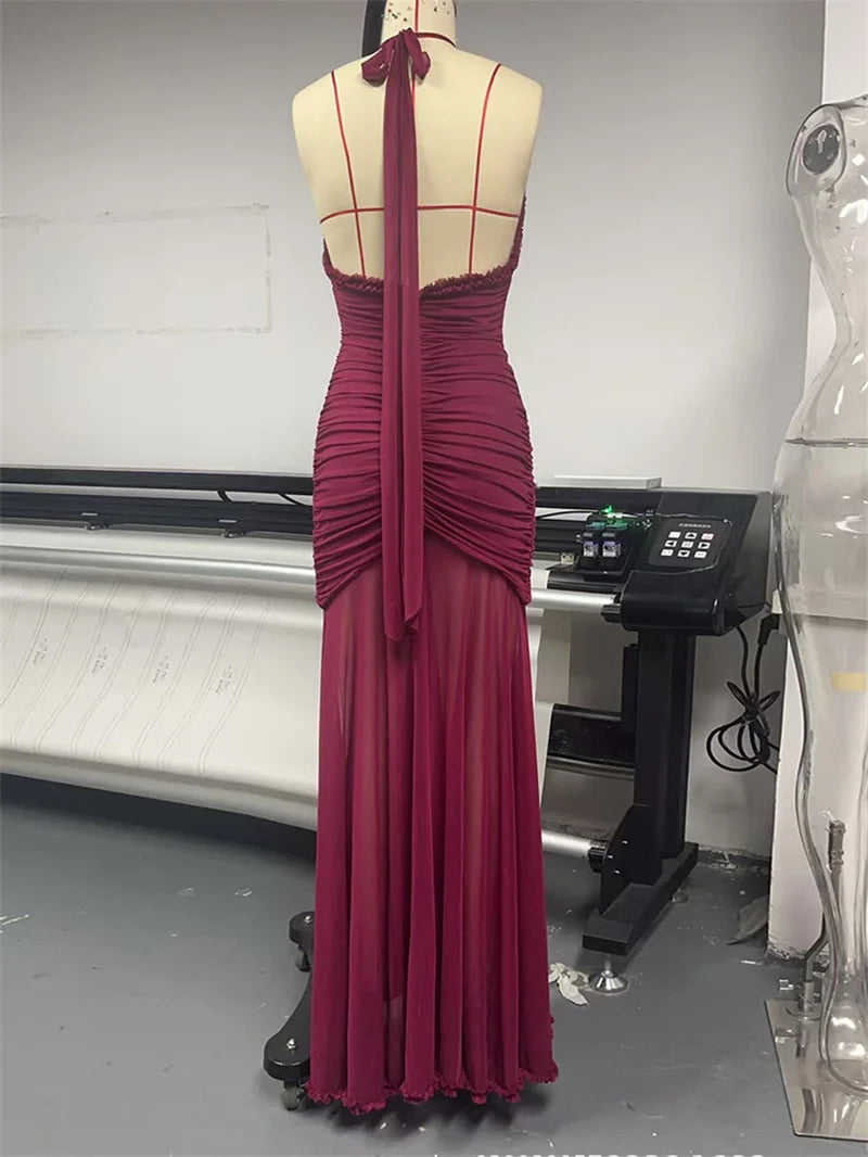 Mozision Elegant Halter Deep V Neck Sexy Maxi Dress Women Fashion Sleeveless Backless Ruched Evening Club Party Long Dress