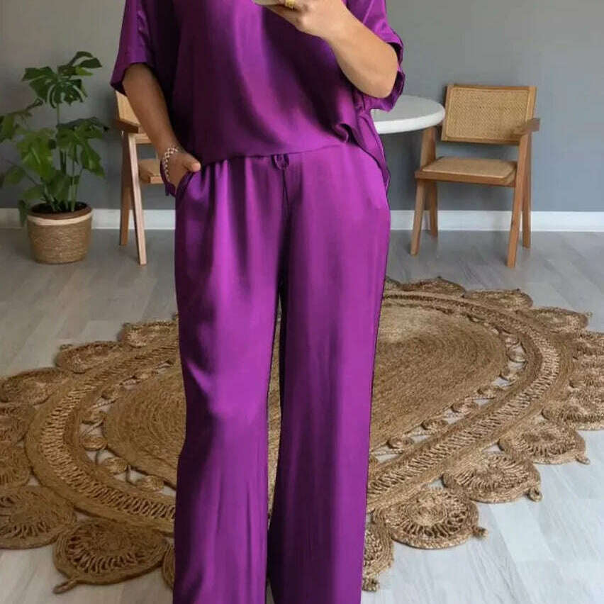 Elegant Women's Summer Satin V-neck Top & High-Waisted Pants Set