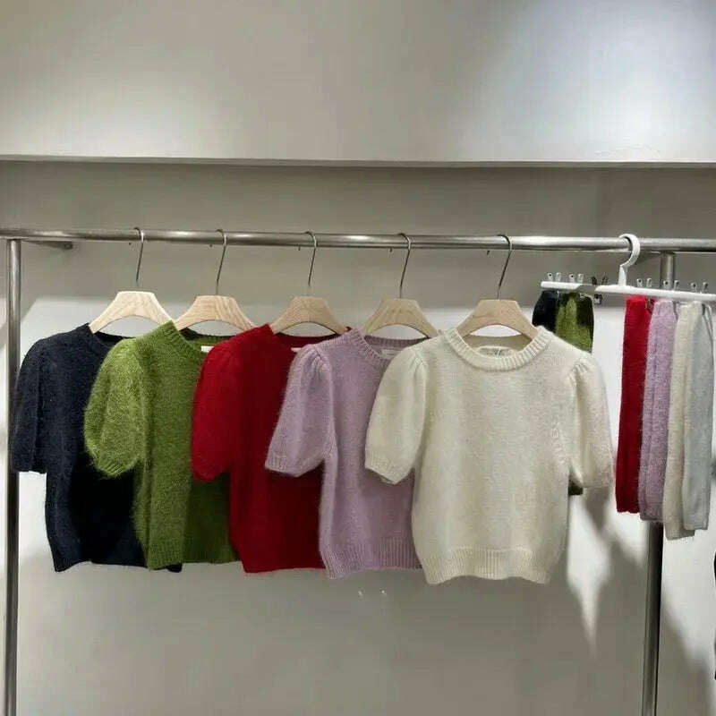 Neploe Korean Office Sweater: O-Neck, Short Sleeve, Solid Color Pullover - D&M Boutique