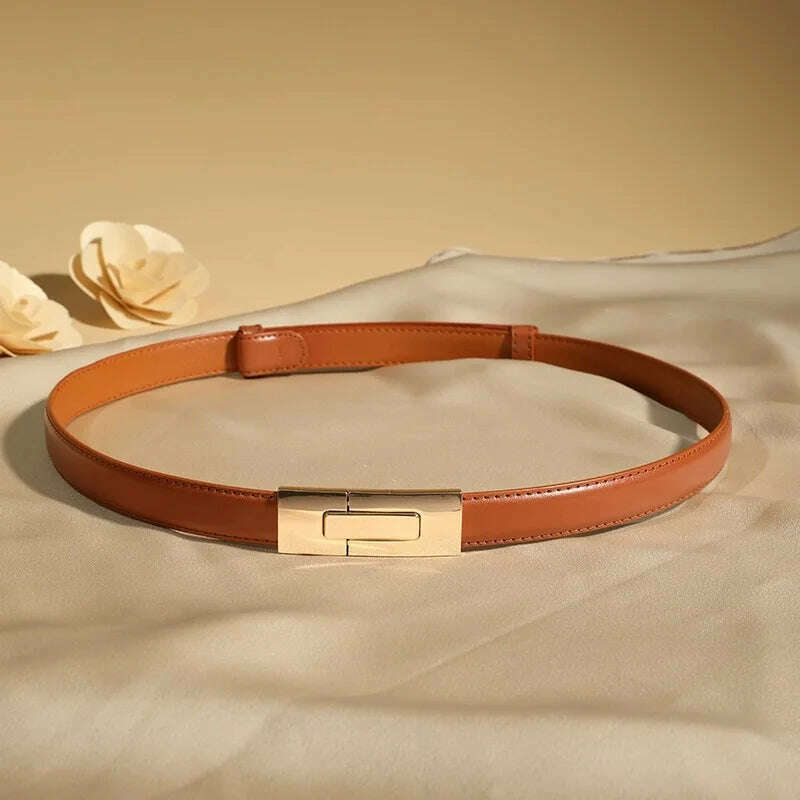 High-Quality Genuine Leather Women’s Belt with Golden Lock Buckle