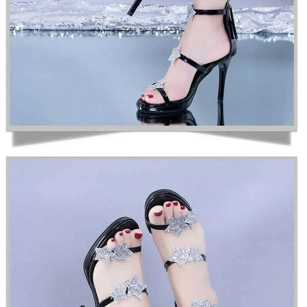 Elegant Glitter High Heel Sandals - Star & Heart Pattern